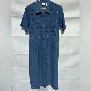 VTG Bentley Embroidered Floral Denim Maxi Dress Size 12 Blue Jean Cottage Core